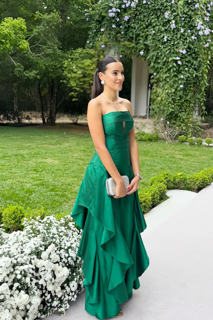 Green Strapless Asymmetric Hem Cut-out Long Dress
