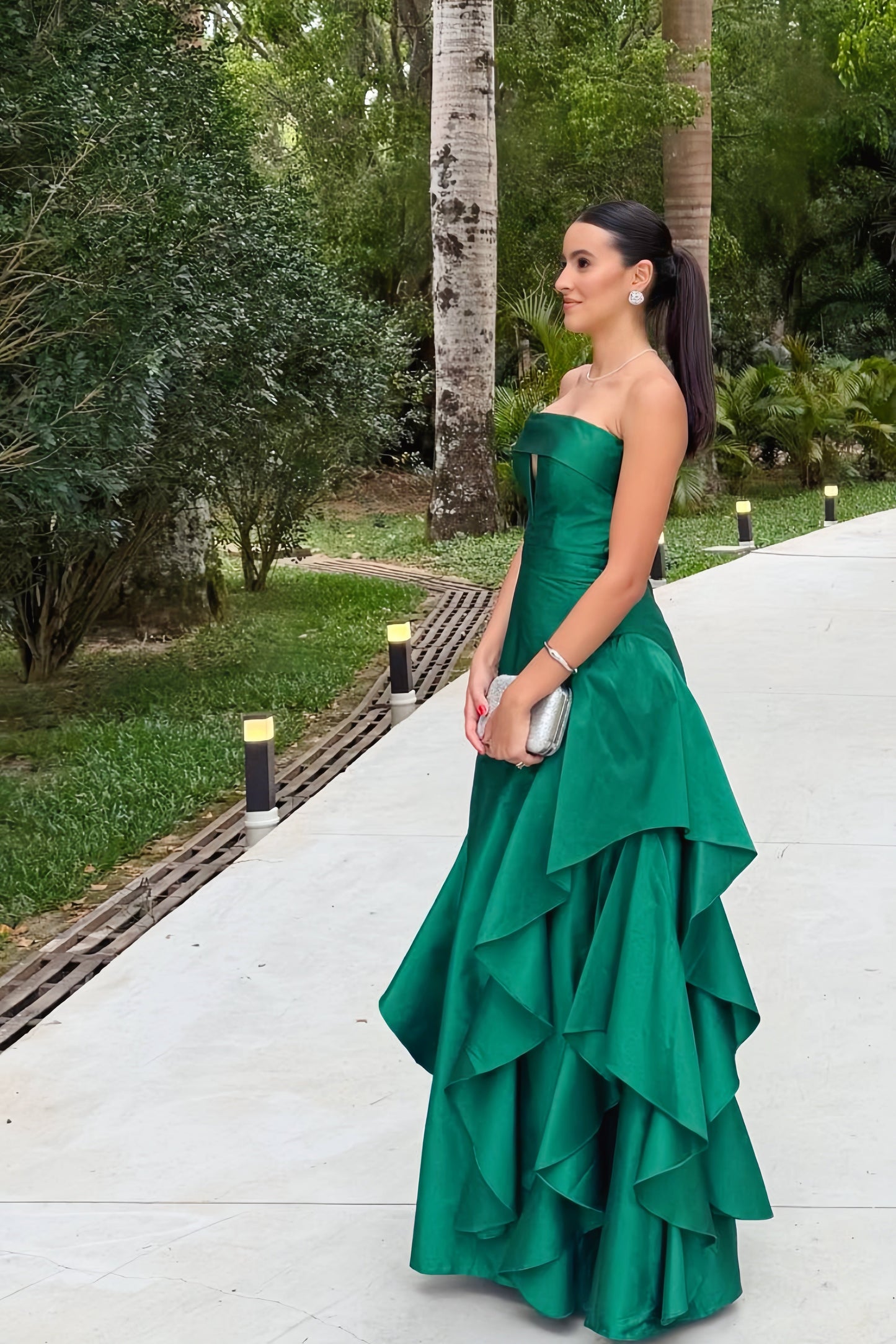 Green Strapless Asymmetric Hem Cut-out Long Dress