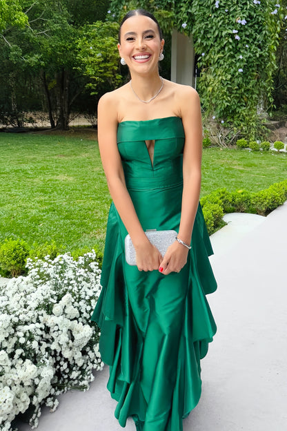 Green Strapless Asymmetric Hem Cut-out Long Dress