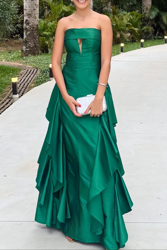 Green Strapless Asymmetric Hem Cut-out Long Dress