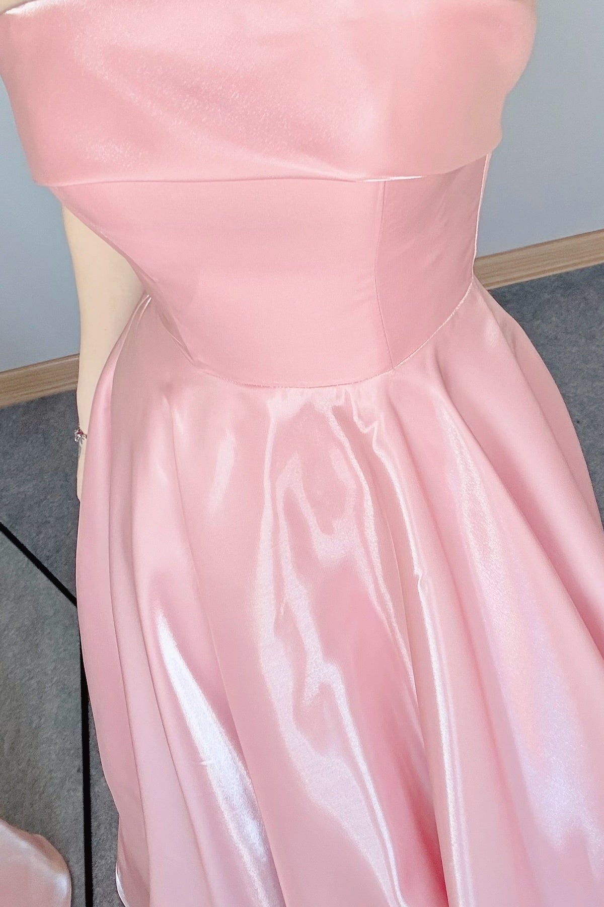Pink Strapless Satin Long A-line Dress