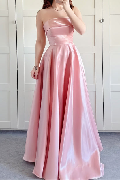 Pink Strapless Satin Long A-line Dress