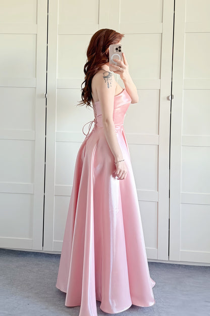 Pink Strapless Satin Long A-line Dress