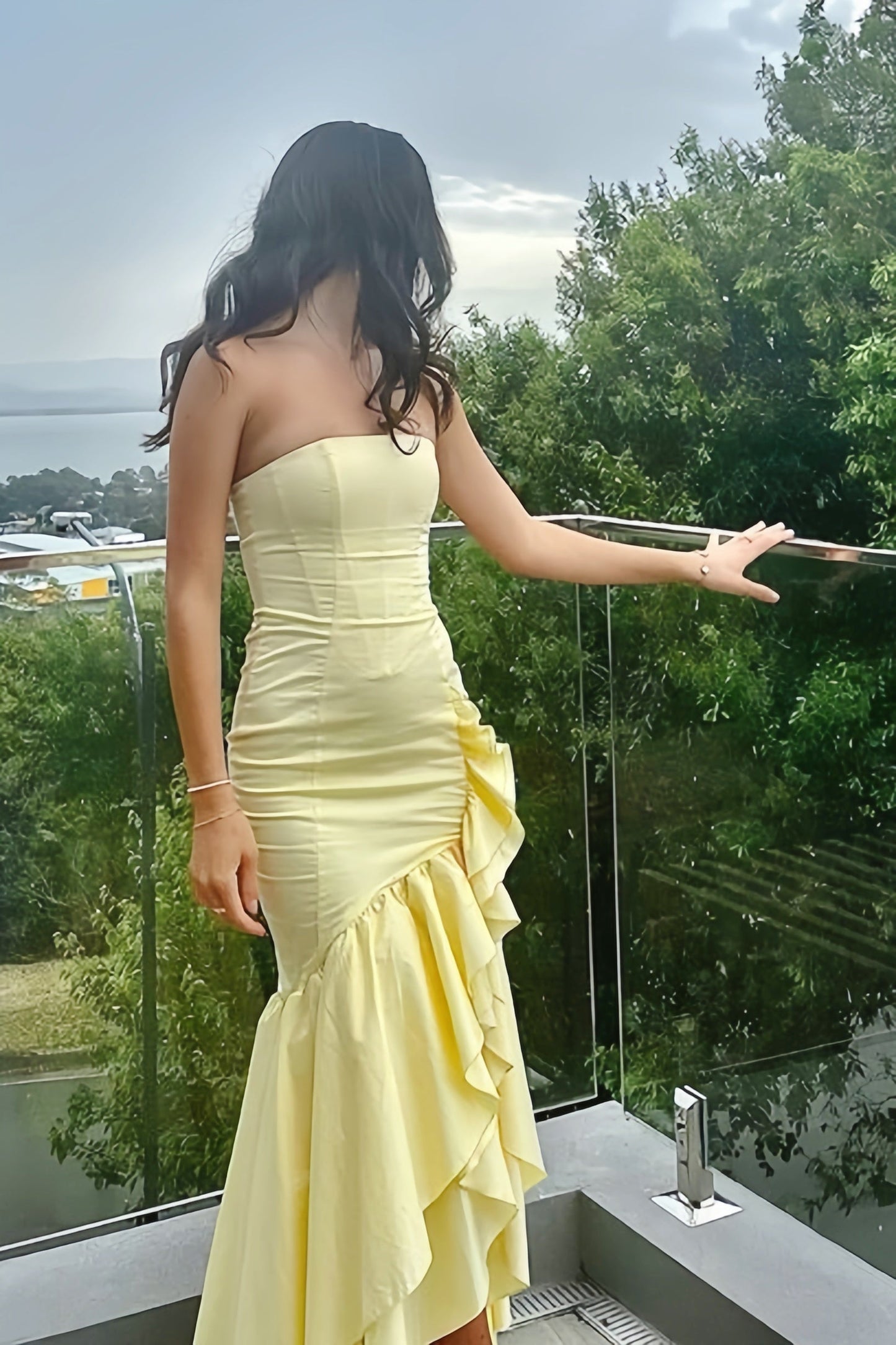 Light Yellow Asymmetrical Layered Slit Dress