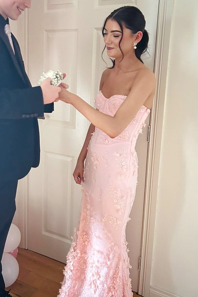 Pink Tulle 3D Flowers Floor-length Dress