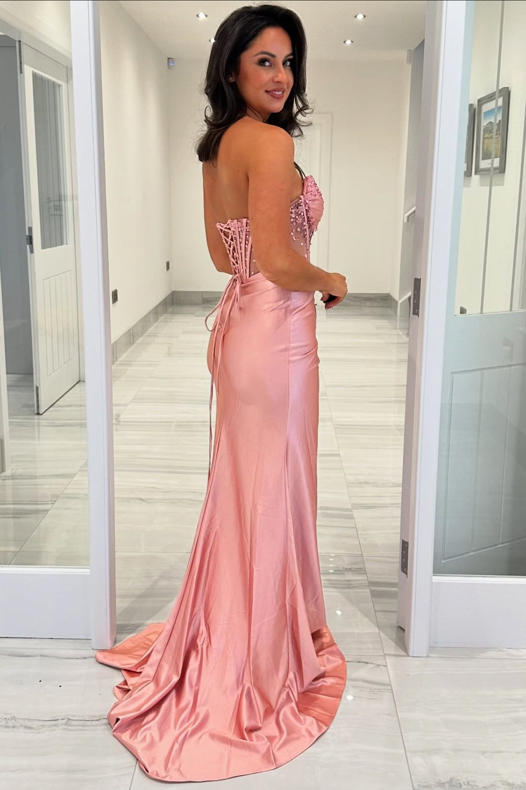 Beaded Corset Pink Ruched Mermaid Long Dress