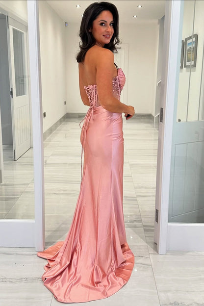 Beaded Corset Pink Ruched Mermaid Long Dress