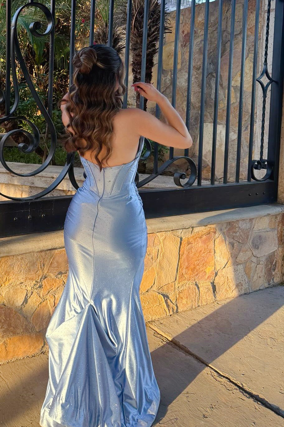 Mermaid Rhinestone Light Blue Satin Long Dress