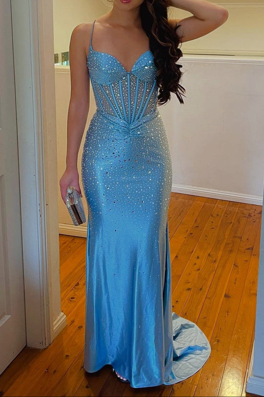 Spaghetti Straps Blue Mermaid Beaded Long Dress