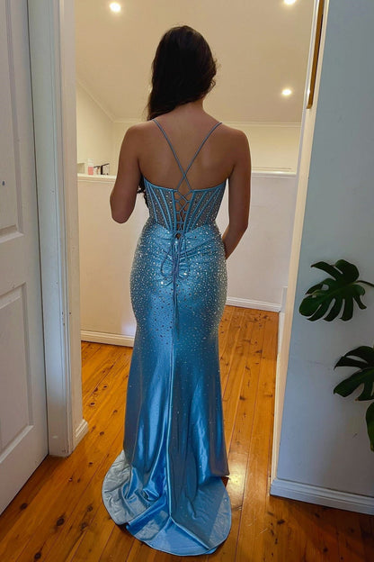 Spaghetti Straps Blue Mermaid Beaded Long Dress