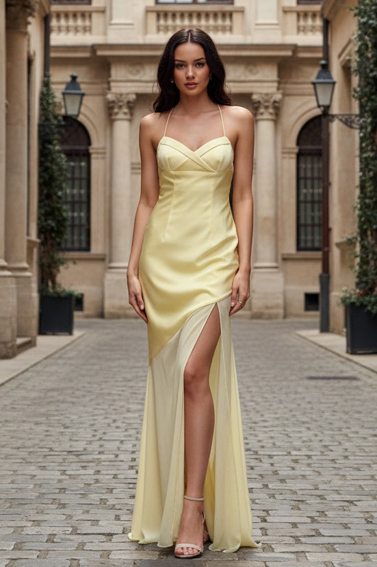Yellow Sweetheart Mesh Panels Long A-line Prom Dress