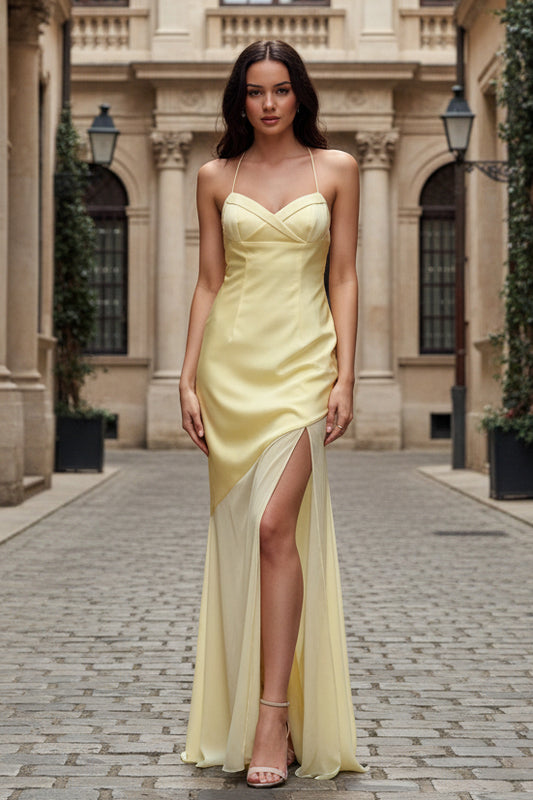 Yellow Sweetheart Mesh Panels Long A-line Prom Dress