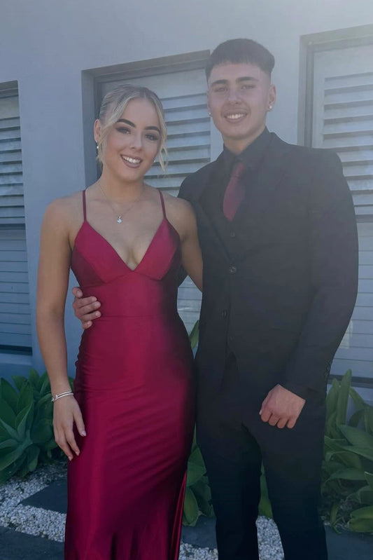 Burgundy V-neck Mermaid Open Back Long Dress
