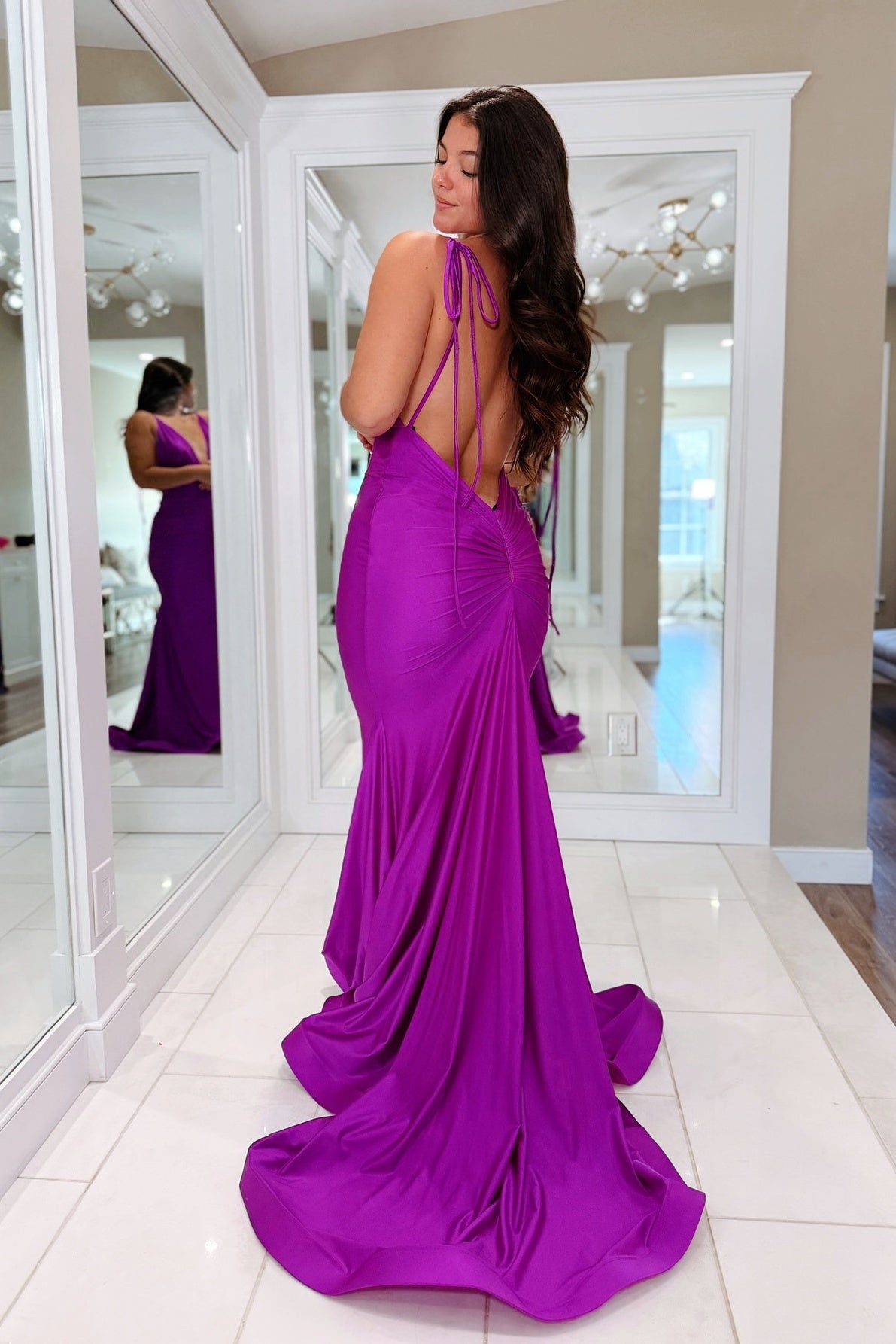 V-neck Violet Train Mermaid Floor-length Dress