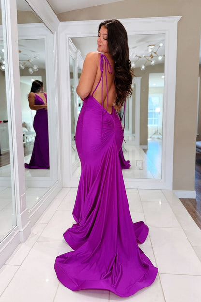 V-neck Violet Train Mermaid Floor-length Dress