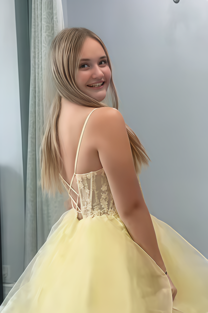 Yellow Sweetheart Long Floral Appliqués A-line Dress
