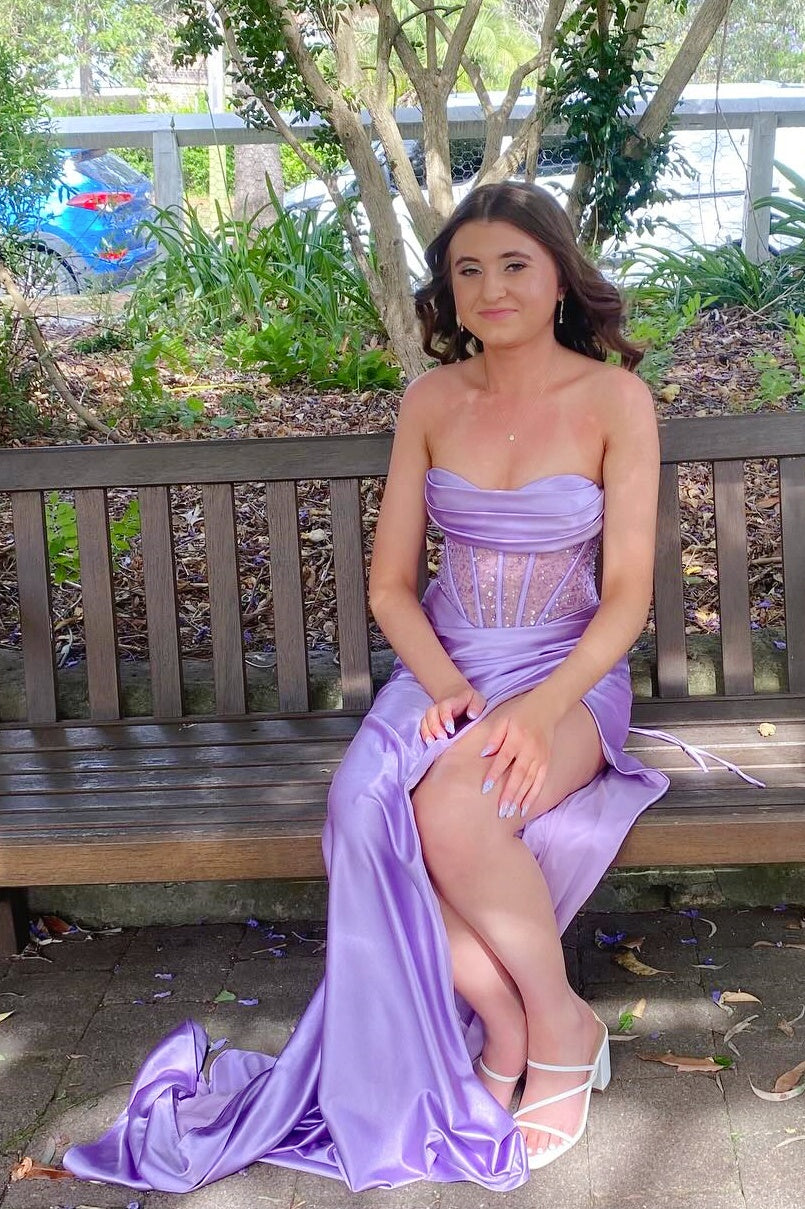 Strapless Beaded Mesh Mermaid Prom Dress