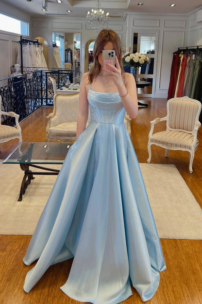 Light Blue Satin Spaghetti-Strap A-Line Ball Gown