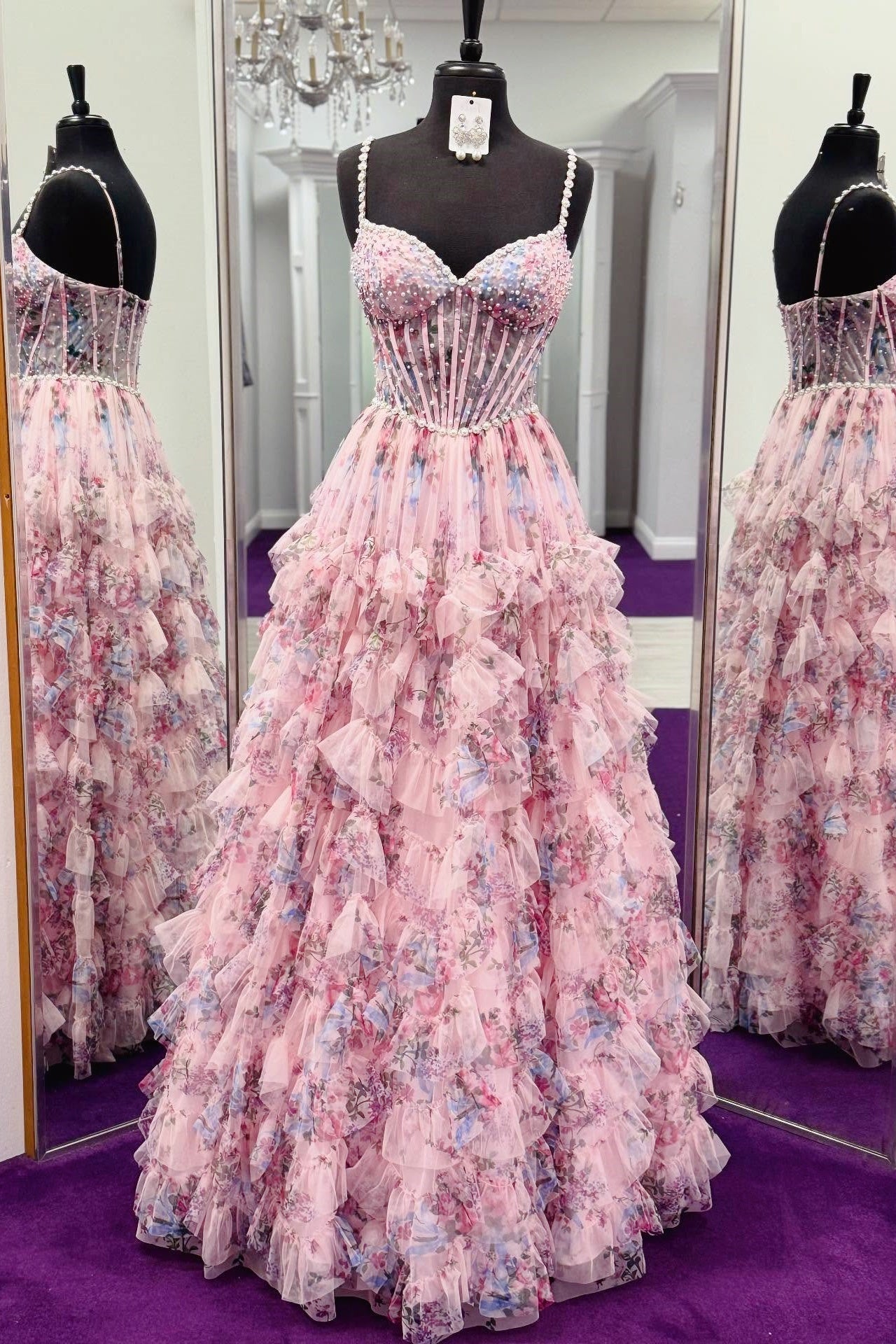 Pink Floral Tulle Beaded A-line Prom Dress