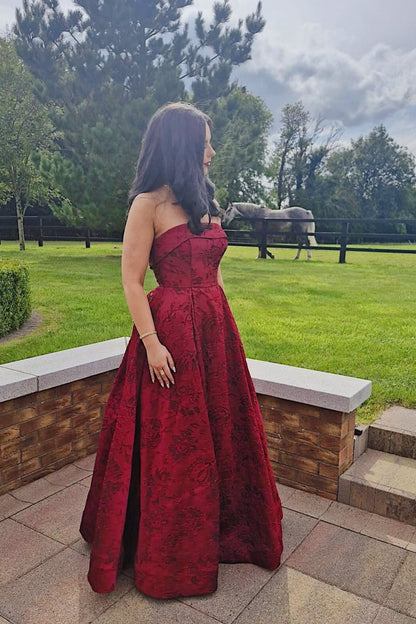 Burgundy Strapless Jacquard A-Line Dress