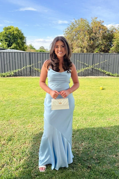 Light Blue Spaghetti Straps Long Backless Dress