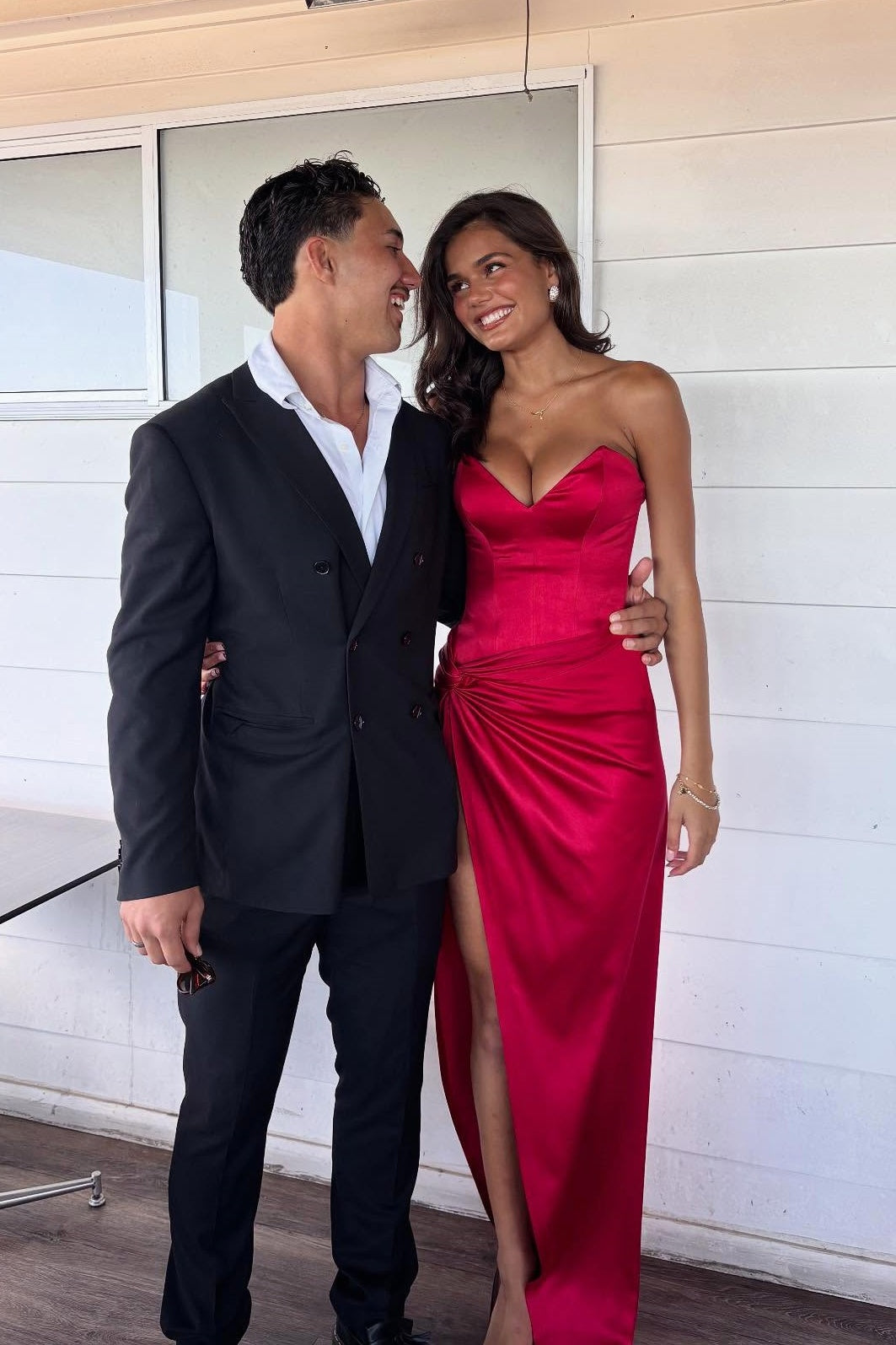Sexy Red Strapless Sweetheart Fitted Satin Side Slit Long Dress