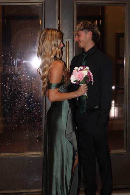 Dark Green Off the Shoulder Frill Slit Long Dress