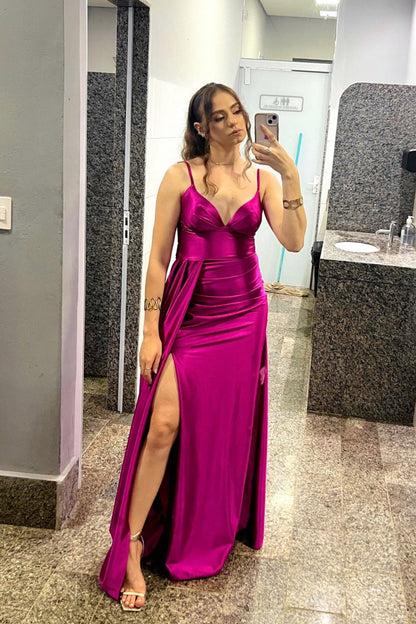 Magenta V-neck Side Slit Satin Long Dress