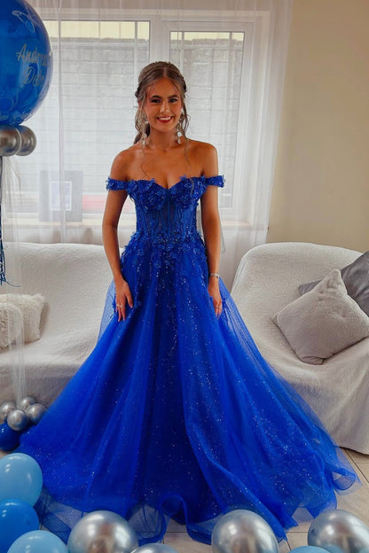 Sparkling Royal Blue Glitter Tulle Off-the-Shoulder A-Line Gown