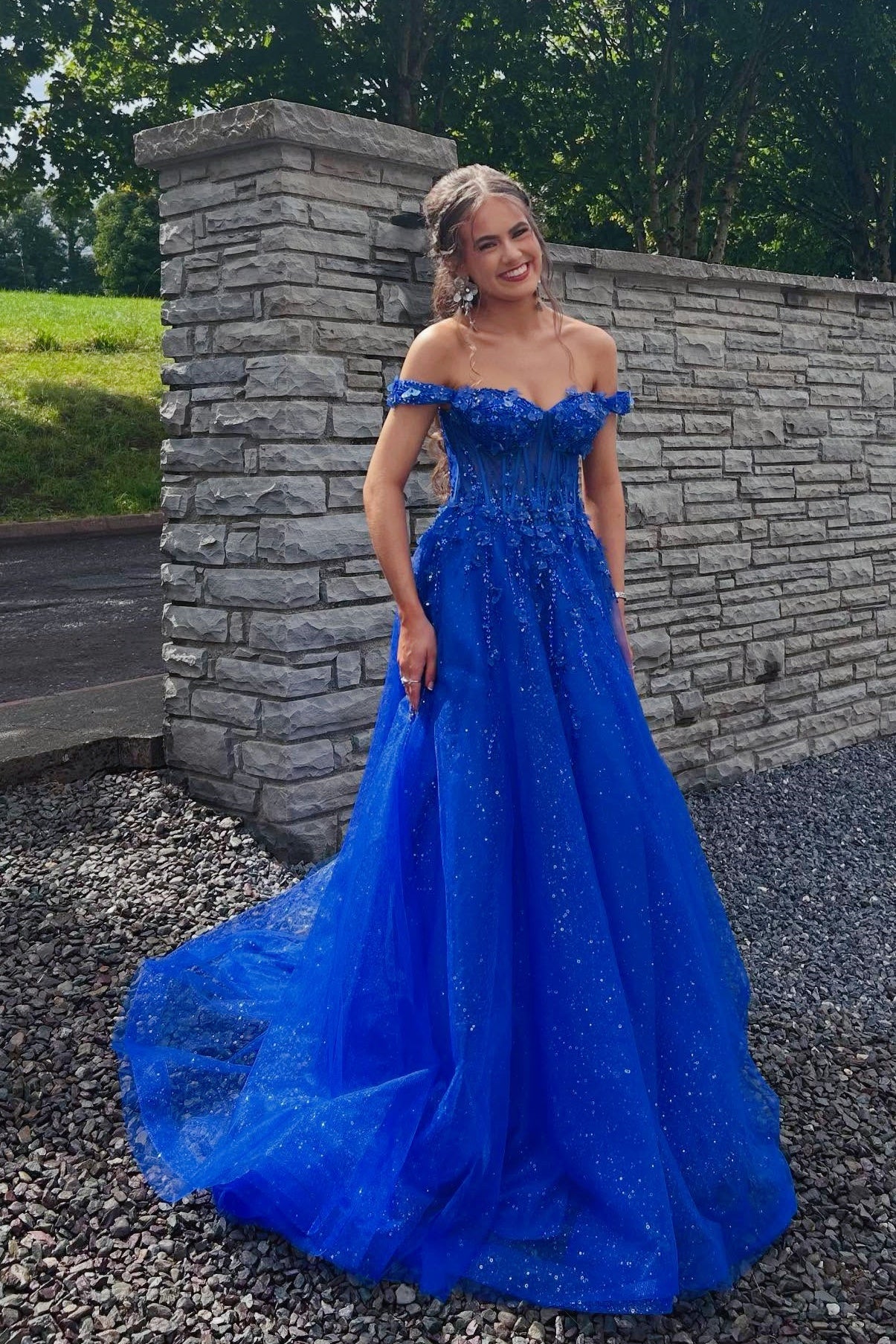 Sparkling Royal Blue Glitter Tulle Off-the-Shoulder A-Line Gown