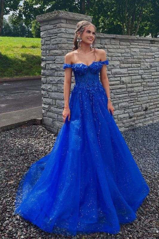Sparkling Royal Blue Glitter Tulle Off-the-Shoulder A-Line Gown