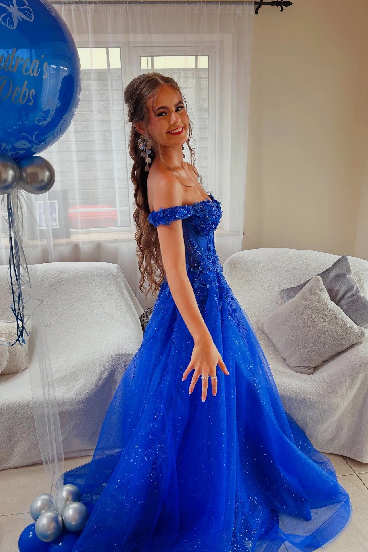 Sparkling Royal Blue Glitter Tulle Off-the-Shoulder A-Line Gown