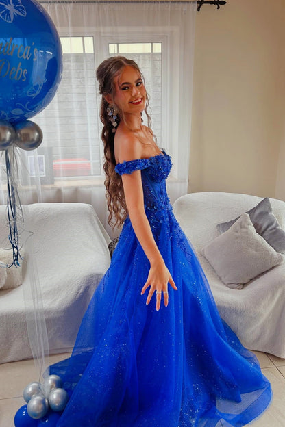 Sparkling Royal Blue Glitter Tulle Off-the-Shoulder A-Line Gown