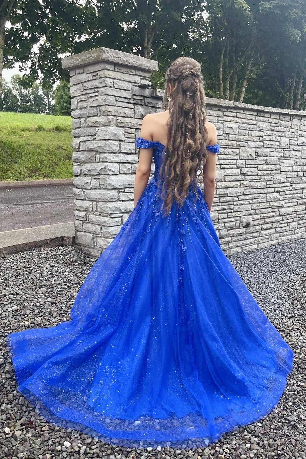 Sparkling Royal Blue Glitter Tulle Off-the-Shoulder A-Line Gown