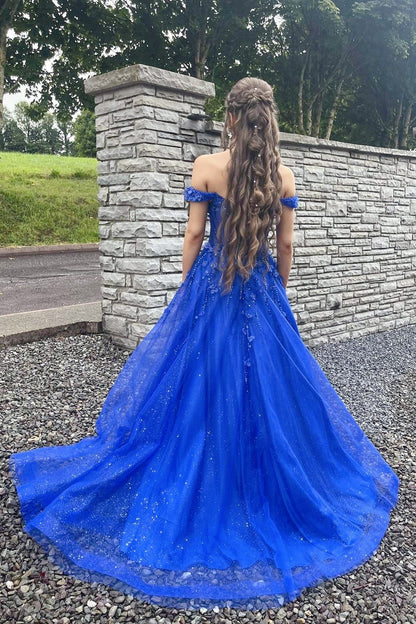Sparkling Royal Blue Glitter Tulle Off-the-Shoulder A-Line Gown