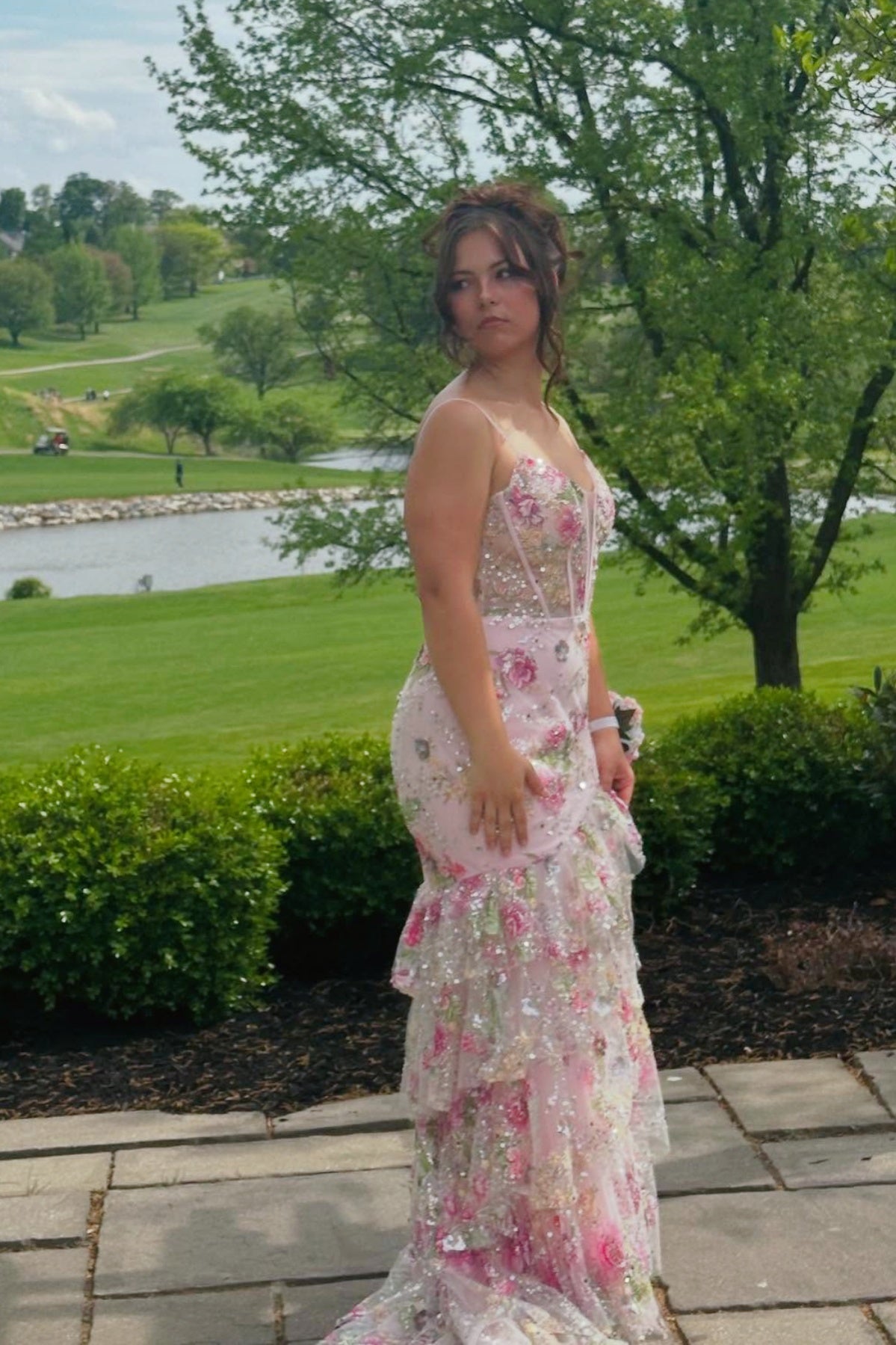 Pink Beaded Floral Mermaid Ruffle Long Dress