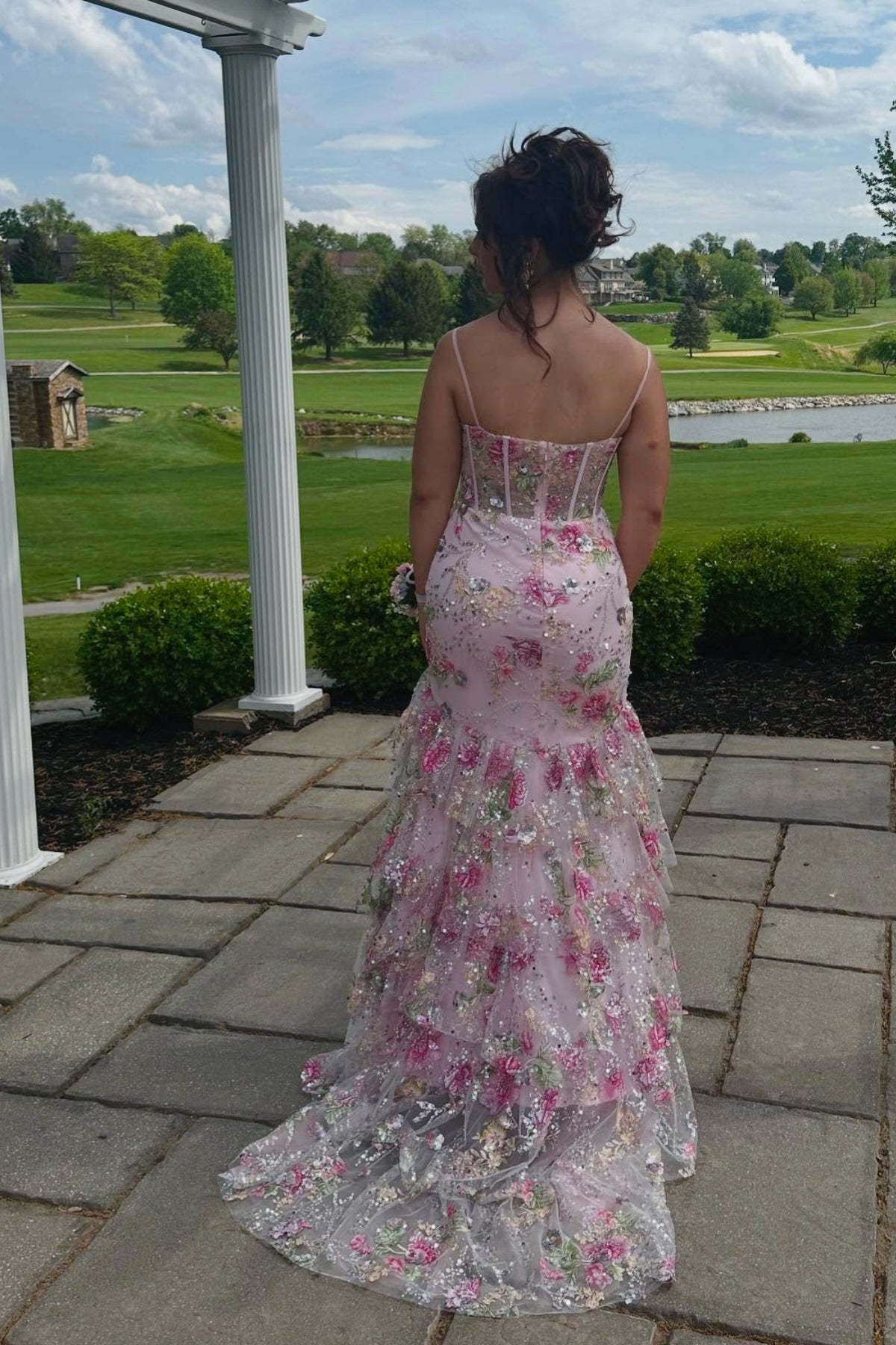 Pink Beaded Floral Mermaid Ruffle Long Dress