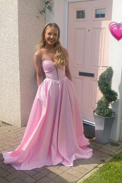 Bright Pink Strapless Satin Gown with Cut-out Details