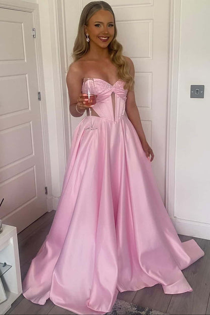 Bright Pink Strapless Satin Gown with Cut-out Details