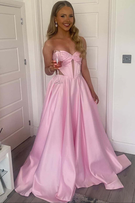 Bright Pink Strapless Satin Gown with Cut-out Details