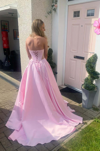 Bright Pink Strapless Satin Gown with Cut-out Details