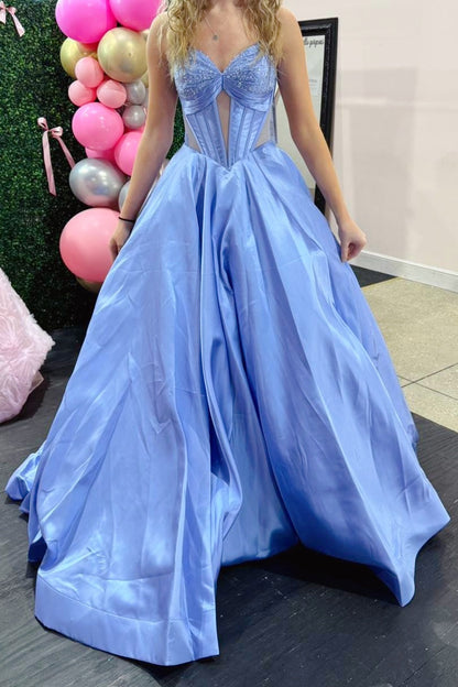 Bright Pink Strapless Satin Gown with Cut-out Details