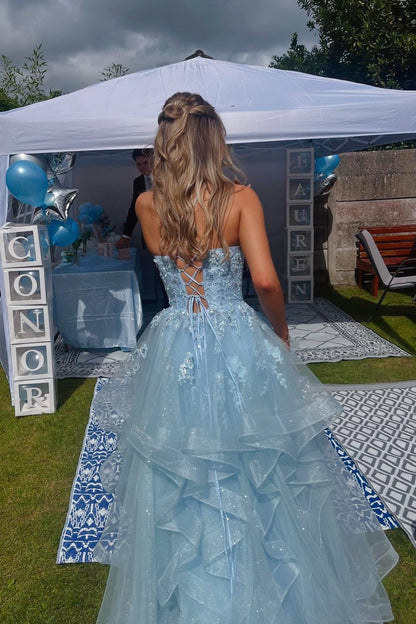 Light Blue Spaghetti Strap V-Neck Ruffle A-Line Dress