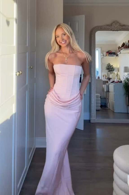 Pink Strapless Ruched Boning Long Dress