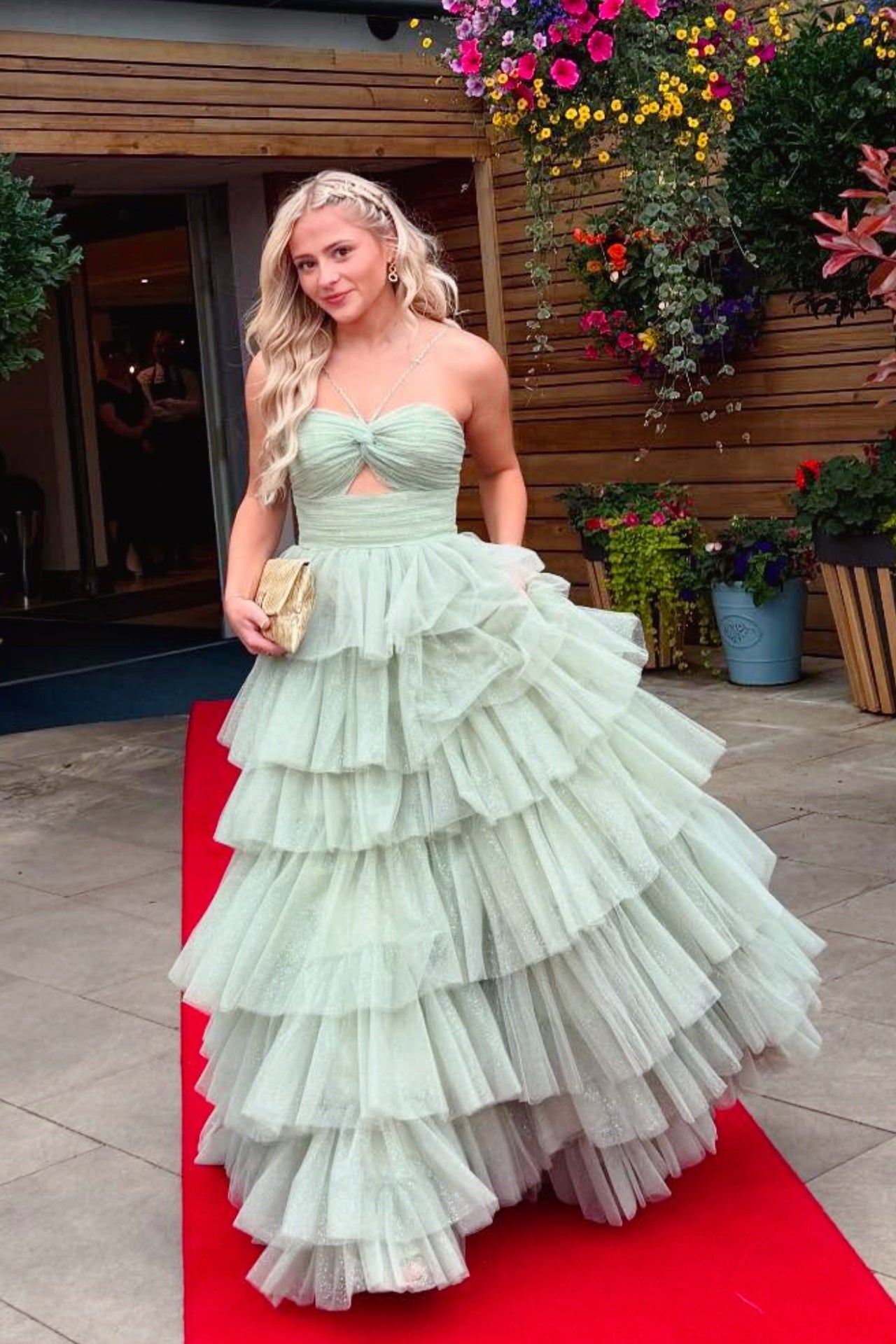 Sage A-Line Spaghetti Strap Cut-Out Ruffle Long Dress