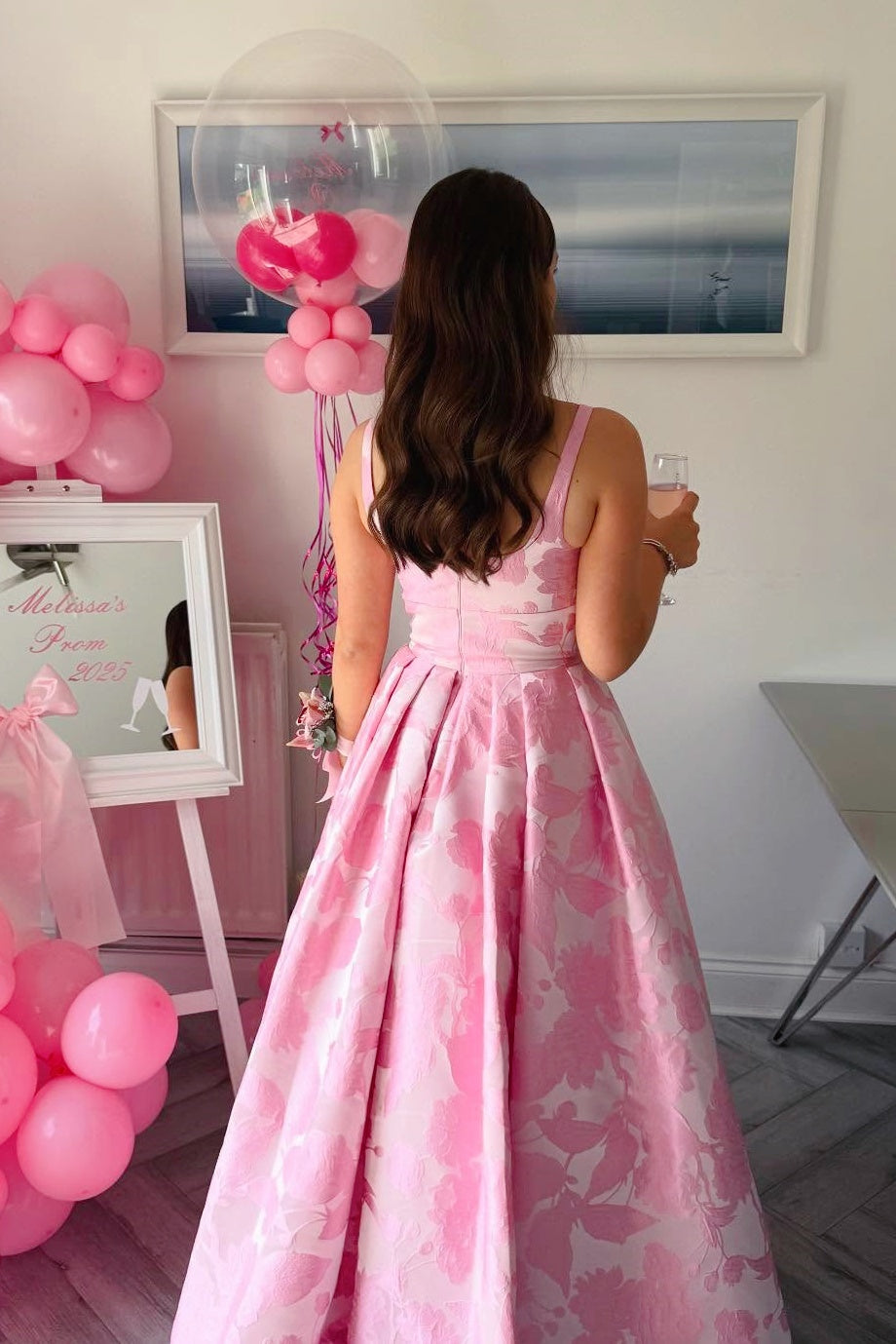 Pink Square Neck Jacquard A-Line Dress