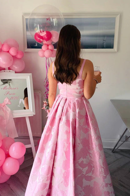 Pink Square Neck Jacquard A-Line Dress