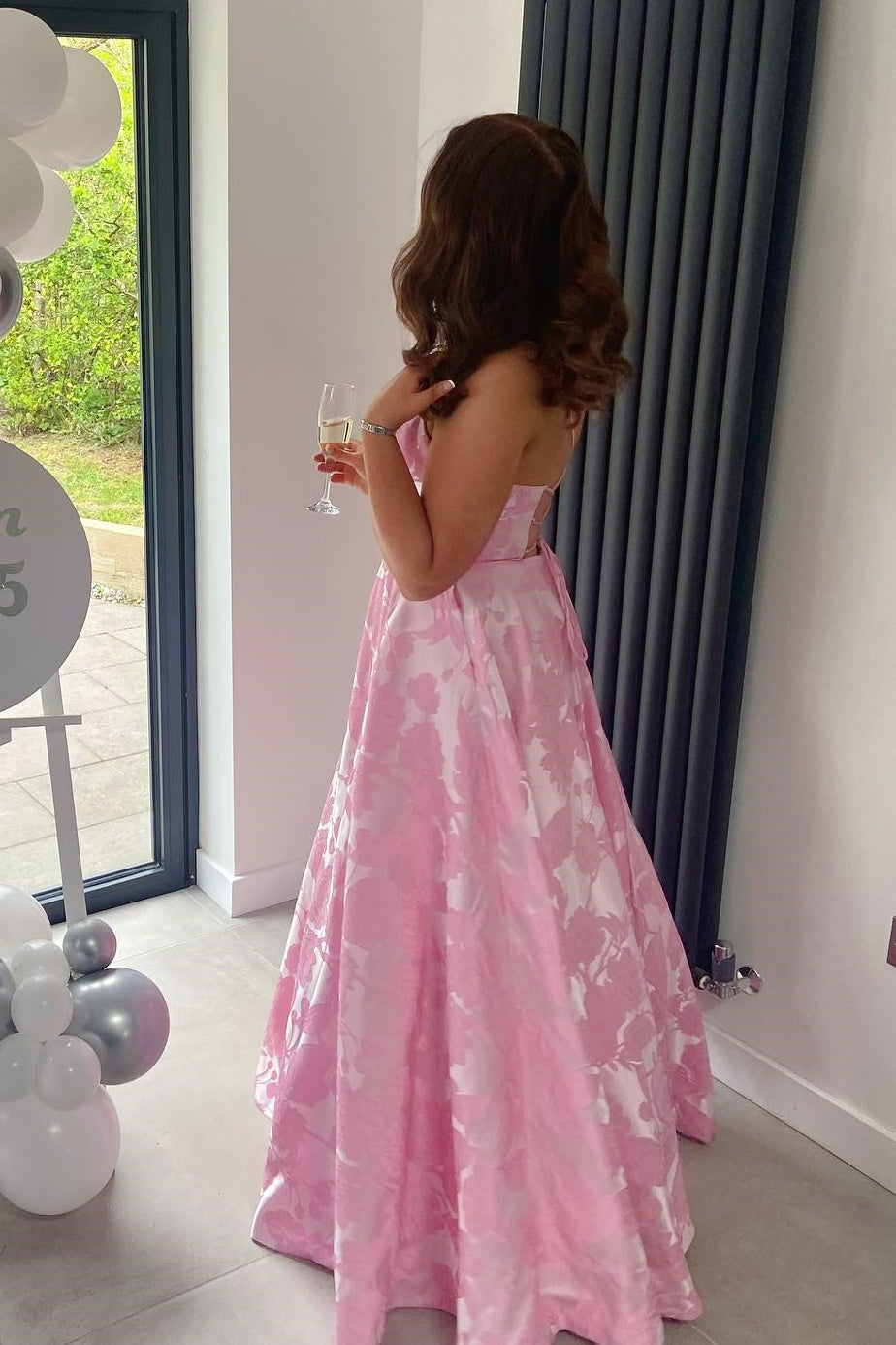 Pink Spaghetti Strap V-Neck Jacquard A-Line Dress