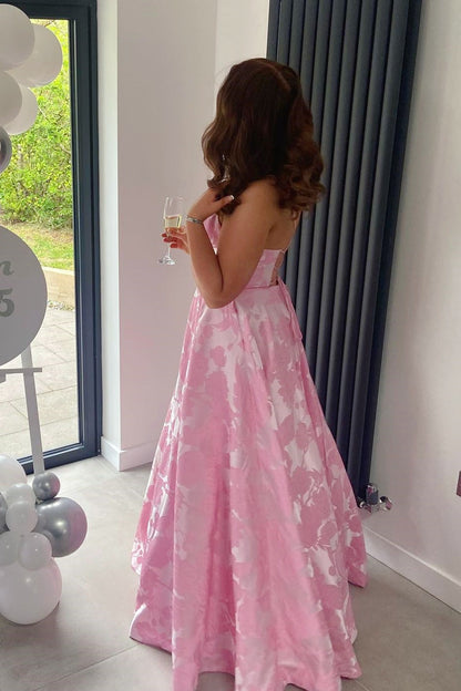 Pink Spaghetti Strap V-Neck Jacquard A-Line Dress