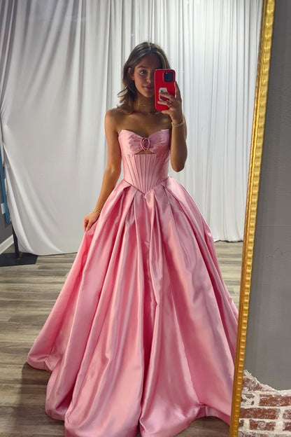Pink Strapless 3D Floral Cut-Out A-Line Dress